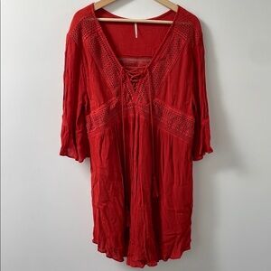 Harlow crochet embroidered boho tunic dress L burnt orange rust Boho hippie